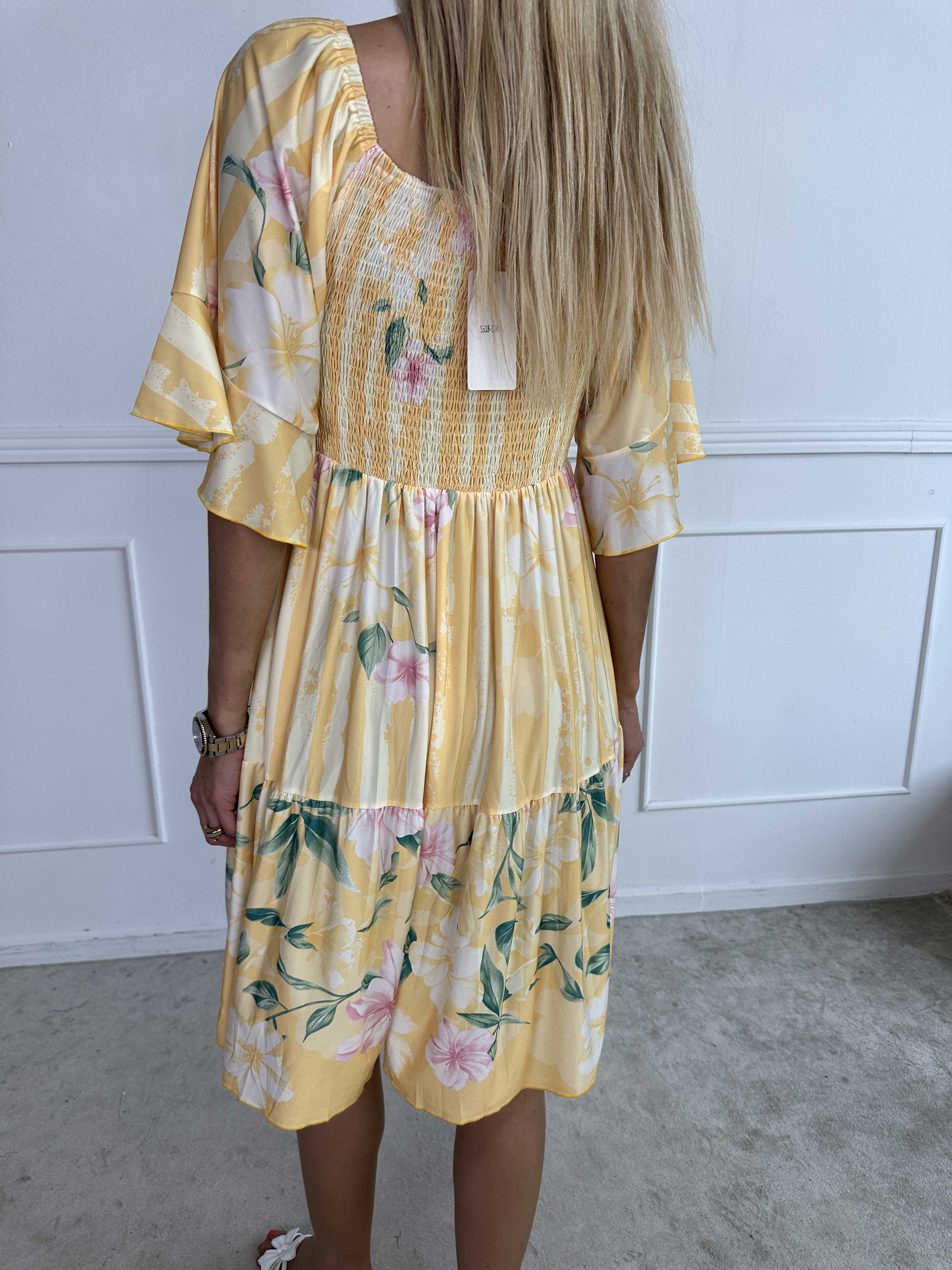 Elna Floral Stripe Short - Blommig elastisk klänning med smockat bröst